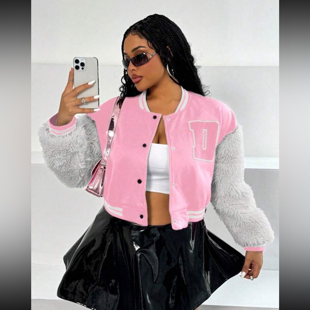 - Plus Size Faux Fur Arms Varsity Button Up Jacket